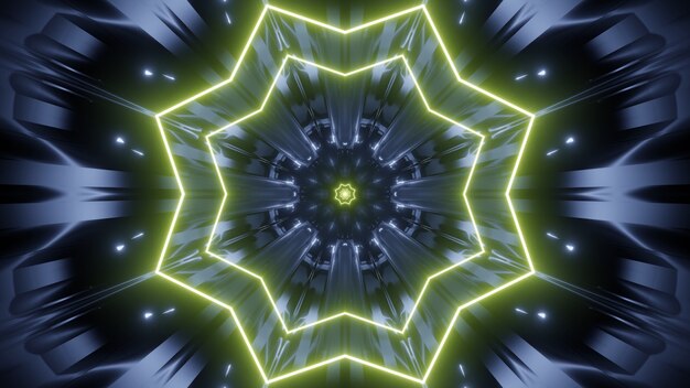 Kaleidoscopic 3D illustration of dark abstract background with bright star shaped ornament glowing with yellow neon light