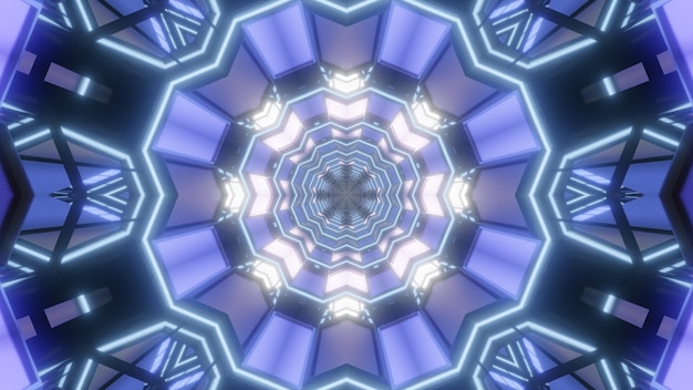 Kaleidoscopic 3D illustration of round geometric tunnel with panels shining with blue color