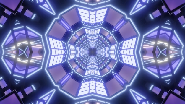 Kaleidoscopic 3D illustration of symmetric geometric tunnel illuminated with panels of bright violet lights