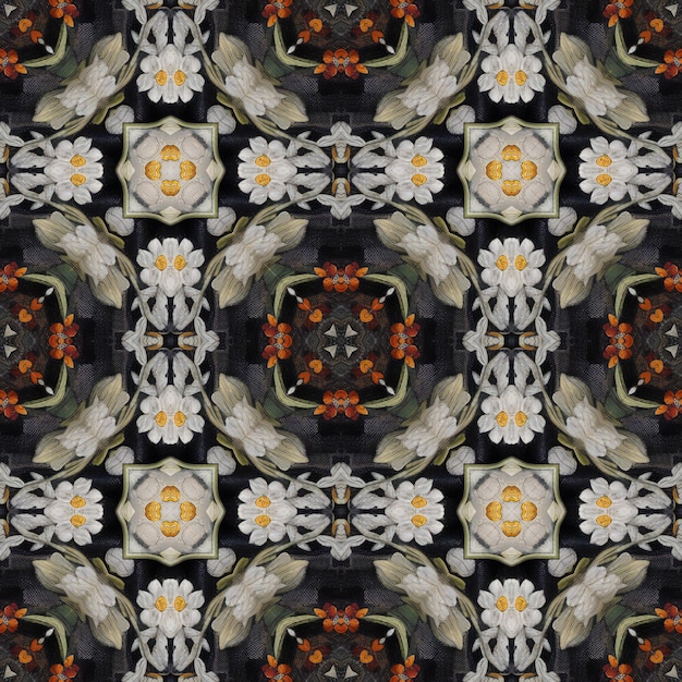 Kaleidoscopic ornamental floral seamless pattern in black and white