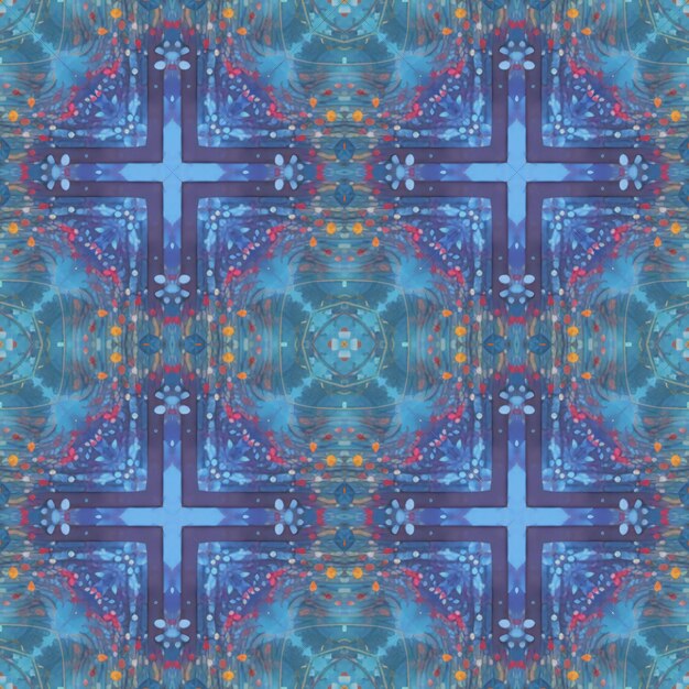 Kaleidoscopic ornamental seamless texture or background blue and red