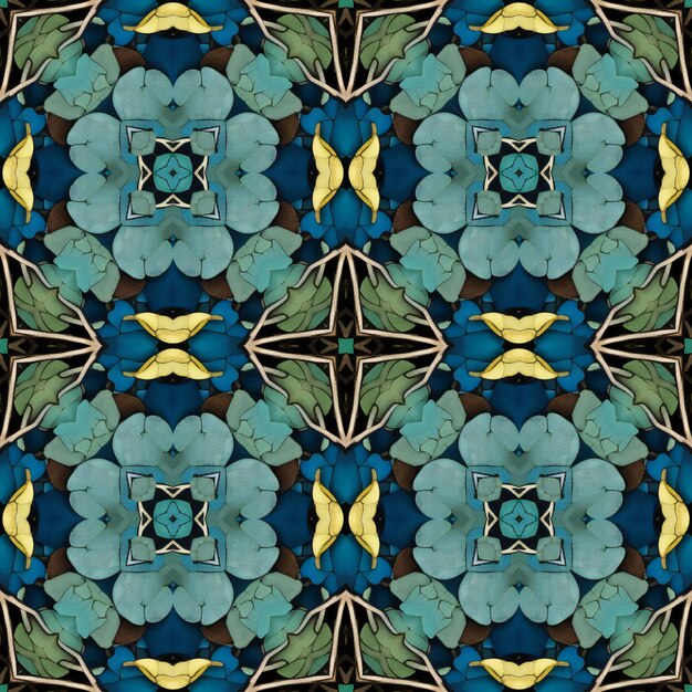 Kaleidoscopisch sierbloemig naadloos patroon in blauw en geel