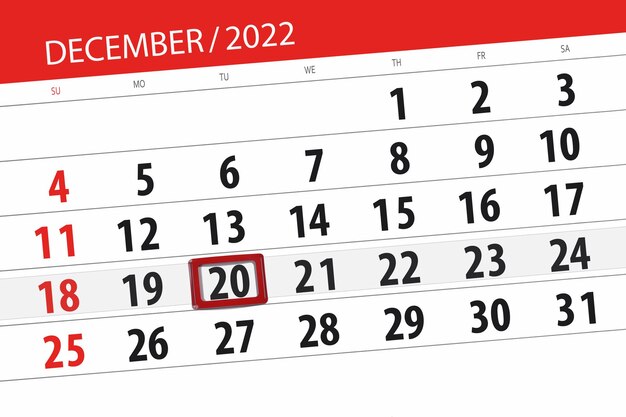 Kalender 2022 deadline dag maand pagina organisator datum december dinsdag nummer 20