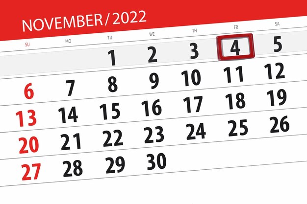 Kalender 2022 deadline dag maand pagina organisator datum november vrijdag nummer 4