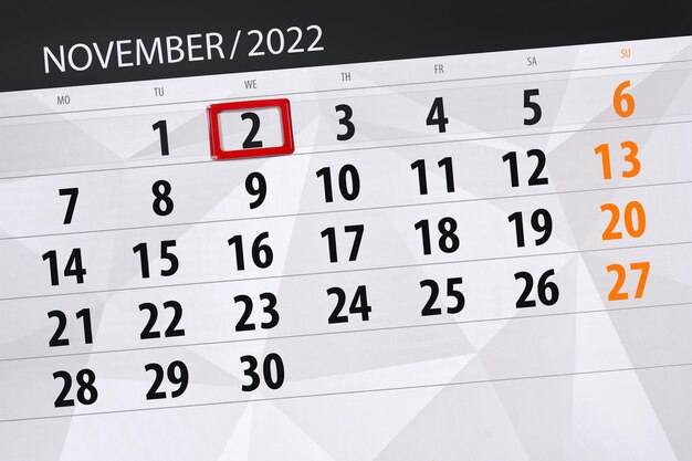 Kalender 2022 deadline dag maand pagina organisator datum november woensdag nummer 2