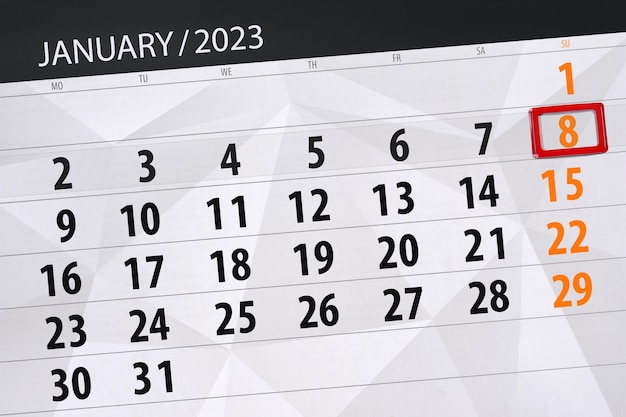 Kalender 2023 deadline dag maand pagina organisator datum januari zondag nummer 8