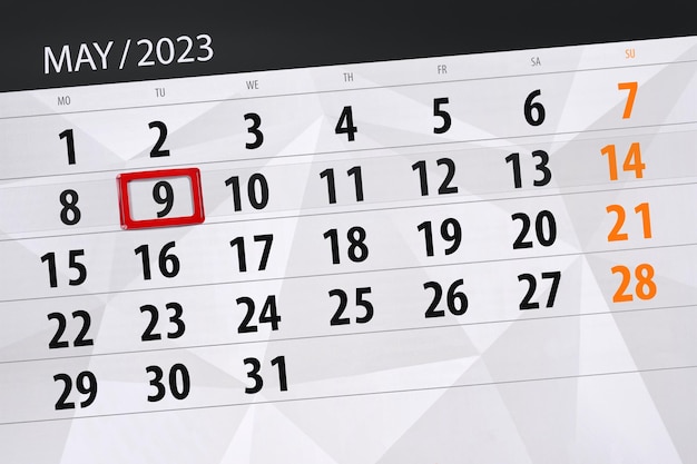 Kalender 2023 deadline dag maand pagina organisator datum mei dinsdag nummer 9