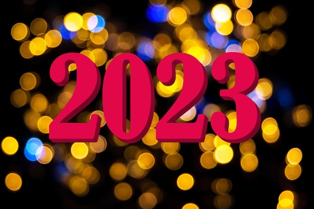 Kalender 2023 New Year's Date 2023 kleuren Via Magenta op een zwarte achtergrond met mooie bokeh 3D mockup