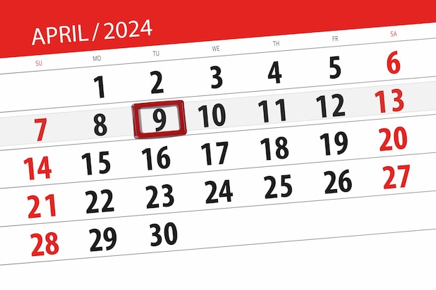 Kalender 2024 deadline dag maand pagina organisator datum april dinsdag nummer 9