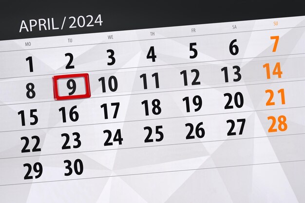 Kalender 2024 deadline dag maand pagina organisator datum april dinsdag nummer 9