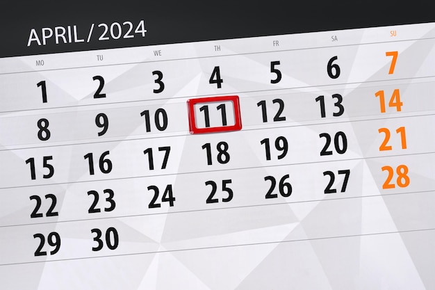 Kalender 2024 deadline dag maand pagina organisator datum april donderdag nummer 11