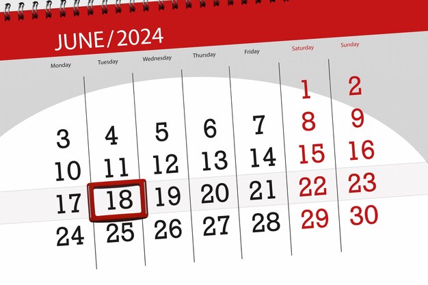 Kalender 2024 deadline dag maand pagina organisator datum juni dinsdag nummer 18