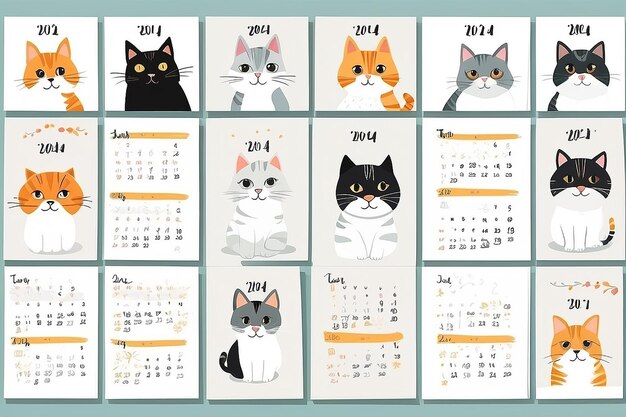 Foto kalender 2024 met schattige met de hand getekende vectorkatten kalender 2024 template vector eps 10