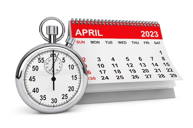 Kalender april 2023 met chronometer 3D-rendering