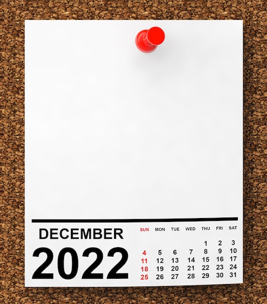 Kalender December 2022 op lege notitie papier 3D-rendering