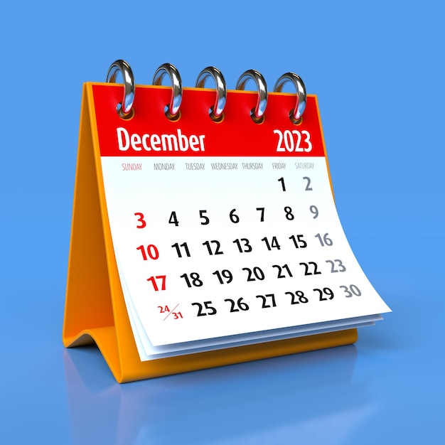 Kalender december 2023 geïsoleerd op blauwe achtergrond 3d illustratie