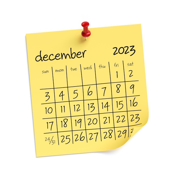 Kalender december 2023 geïsoleerd op een witte achtergrond 3D illustratie