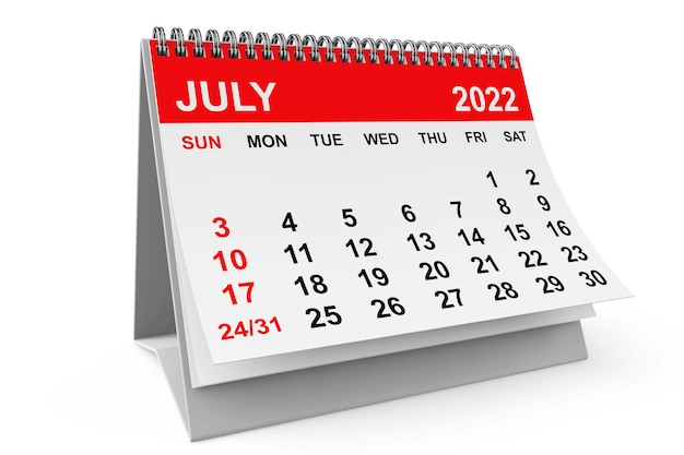 Kalender juli 2022 3D-rendering