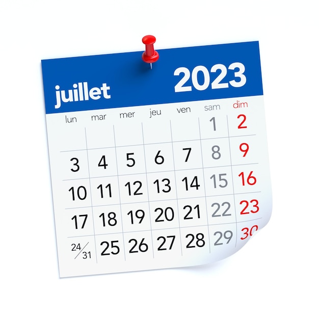 Kalender juli 2023 in Franse taal geïsoleerd op witte achtergrond 3D illustratie