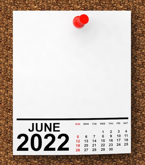 Kalender juni 2022 op blanco notitiepapier met vrije ruimte voor uw tekst 3d-rendering
