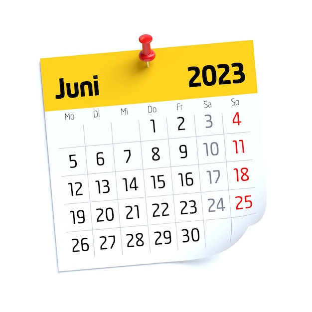 Kalender juni 2023 in Duitse taal geïsoleerd op witte achtergrond 3D illustratie