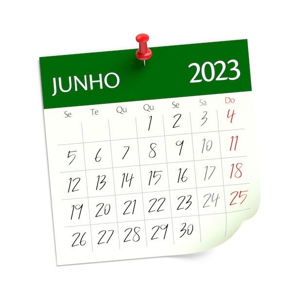 Kalender juni 2023 in Portugese taal geïsoleerd op witte achtergrond 3D illustratie