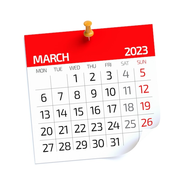 Kalender maart 2023 geïsoleerd op een witte achtergrond 3D illustratie