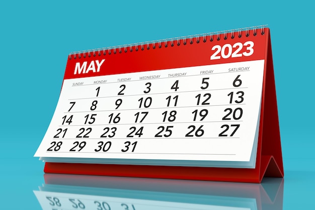 Kalender mei 2023 geïsoleerd op blauwe achtergrond 3D illustratie