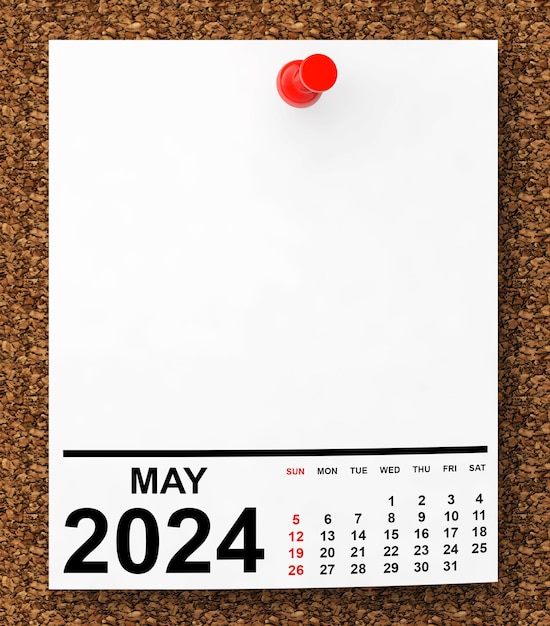 Kalender Mei 2024 op Blank Note Papier 3D Rendering