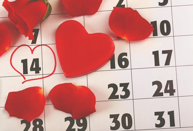 Kalender met datum van 14 februari en roze bloem valentijnsdag concept