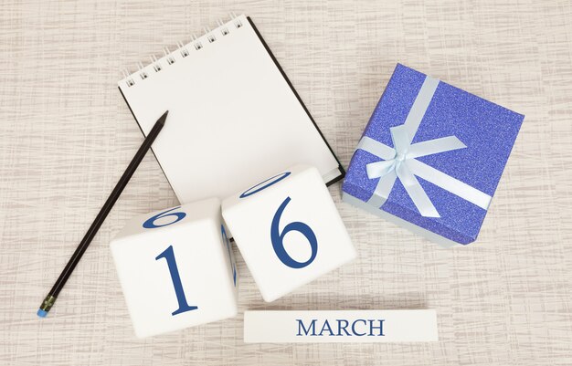 Kalender met trendy blauwe tekst en cijfers voor 16 maart