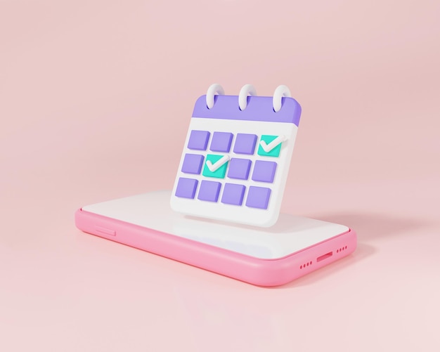 Kalender mobiele telefoon op paarse achtergrond herinnering kalender online herinnering melding belangrijke deadline datum evenement planning Online herinnering melding concept 3D-rendering illustratie