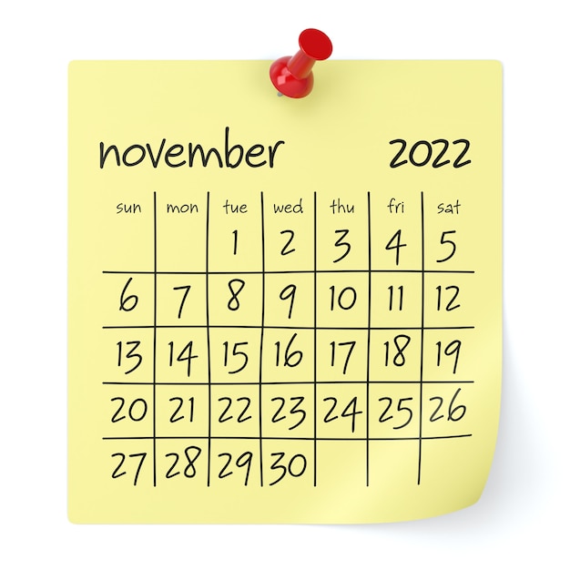 Kalender november 2022. Geïsoleerd op een witte achtergrond. 3D Illustratie