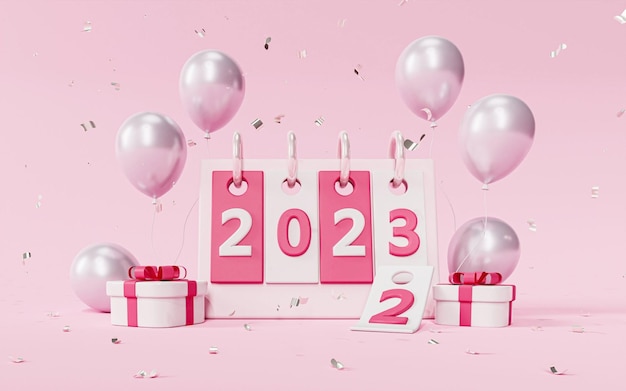 Kalender van nieuwjaarsviering Jaren veranderen in nieuwjaar 2023 concept 3D Render illustratie