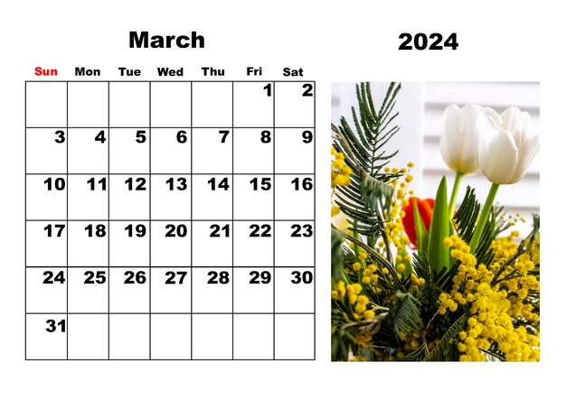 Foto kalender voor 2024 maart met foto's van bloemen