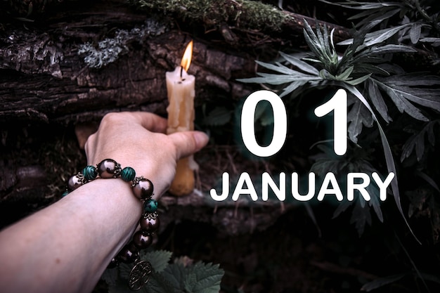 Kalenderdatum op de achtergrond van een esoterisch spiritueel ritueel 1 januari is de eerste dag van de maand