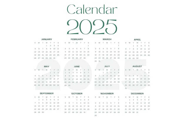 Kalenderjaar 2025 kalender op witte achtergrond