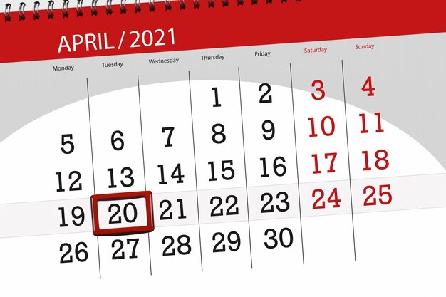 Kalenderplanner voor de maand april 2021, deadline dag, 20, dinsdag.