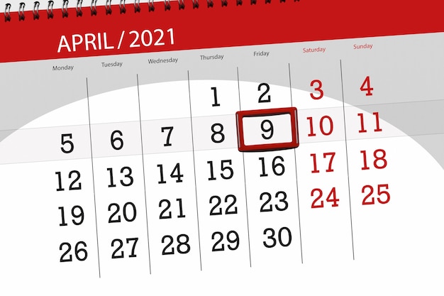Kalenderplanner voor de maand april 2021, deadline dag, 9, vrijdag.