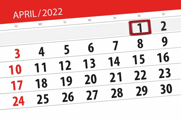 Kalenderplanner voor de maand april 2022 deadline dag 1 vrijdag