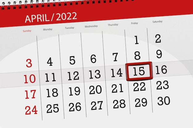 Kalenderplanner voor de maand april 2022 deadline dag 15 vrijdag