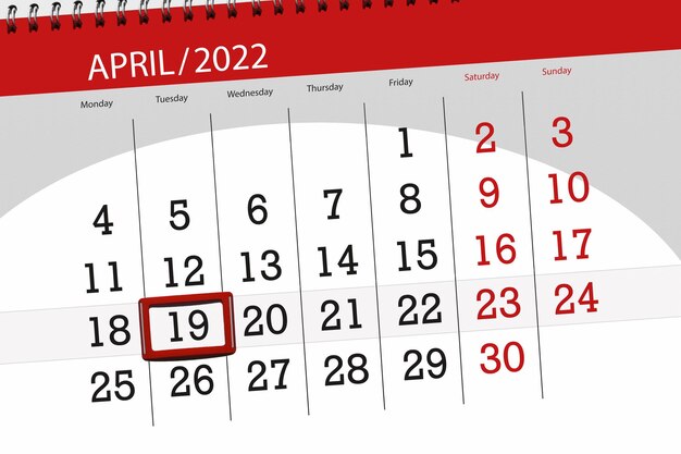 Kalenderplanner voor de maand april 2022 deadline dag 19 dinsdag