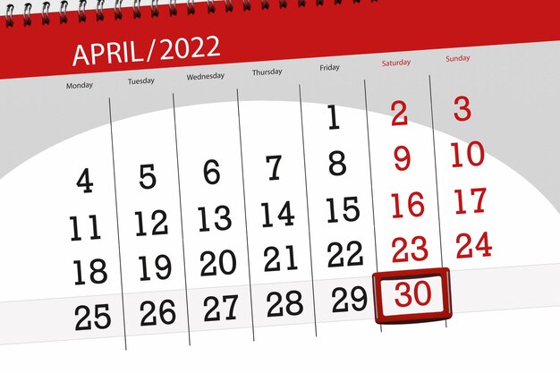 Kalenderplanner voor de maand april 2022 deadline dag 30 zaterdag