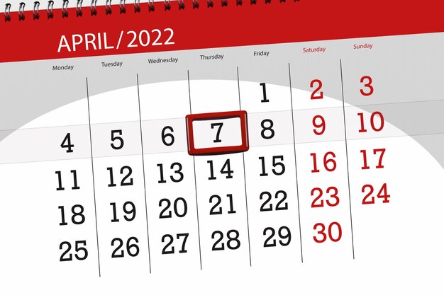 Kalenderplanner voor de maand april 2022 deadline dag 7 donderdag