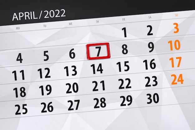 Kalenderplanner voor de maand april 2022 deadline dag 7 donderdag