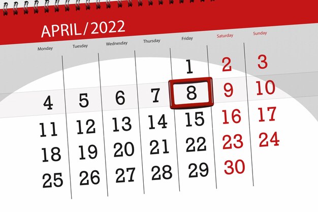 Kalenderplanner voor de maand april 2022 deadline dag 8 vrijdag