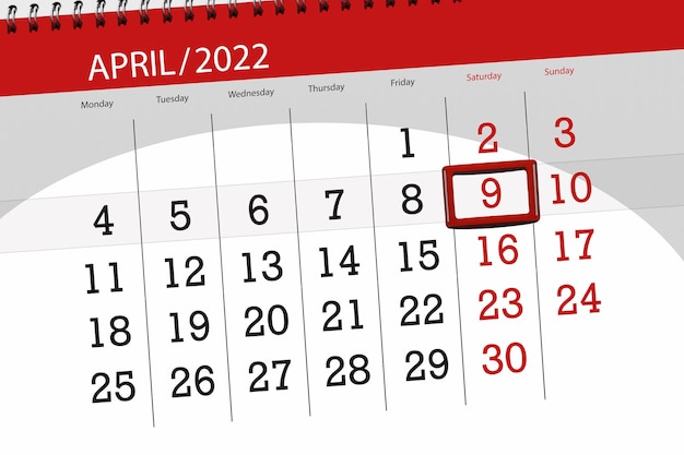 Kalenderplanner voor de maand april 2022 deadline dag 9 zaterdag