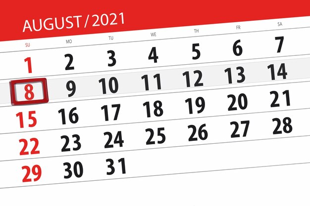 Kalenderplanner voor de maand augustus 2021, deadline dag, 8, zondag.