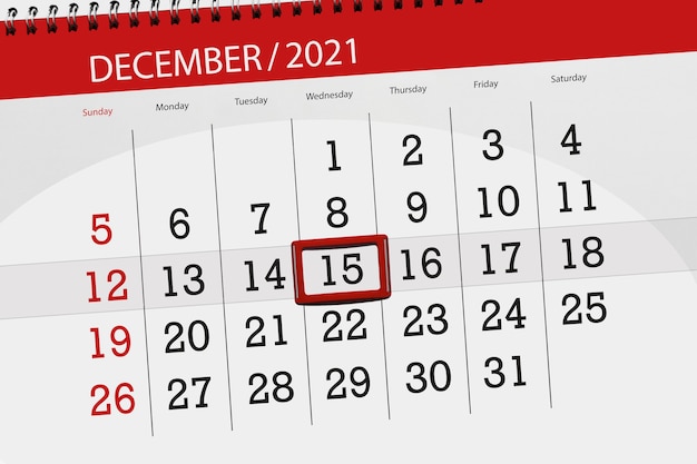 Kalenderplanner voor de maand december 2021, deadline dag, 15, woensdag.