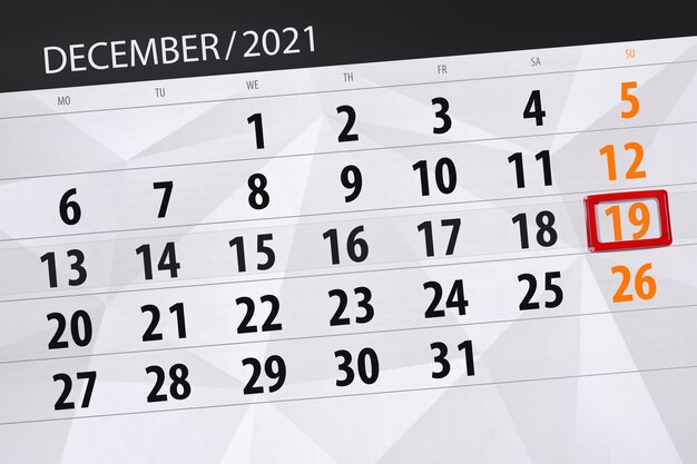 Kalenderplanner voor de maand december 2021, deadline dag, 19, zondag.